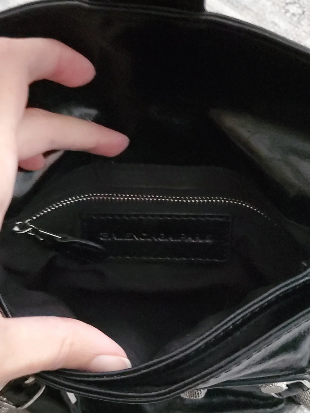 Balenciaga Shiny Black Leather and Silver Pouch Flap Clutch Bag With Mirror